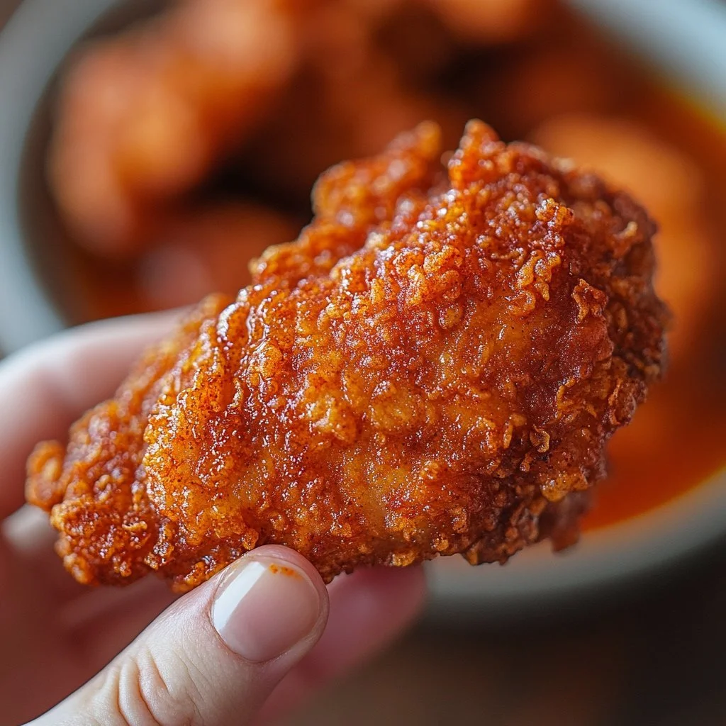 Delicious Nashville hot chicken served with pickles and bread