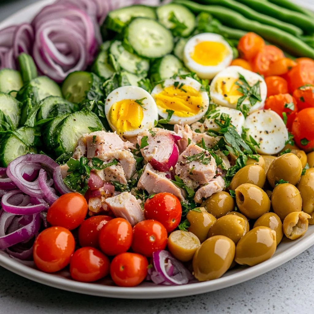 Colorful Niçoise Salad with fresh vegetables, tuna, and olives arranged on a plate