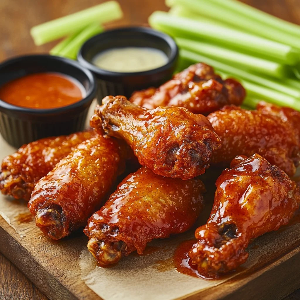 Delicious oven baked chicken wings served with dipping sauce.