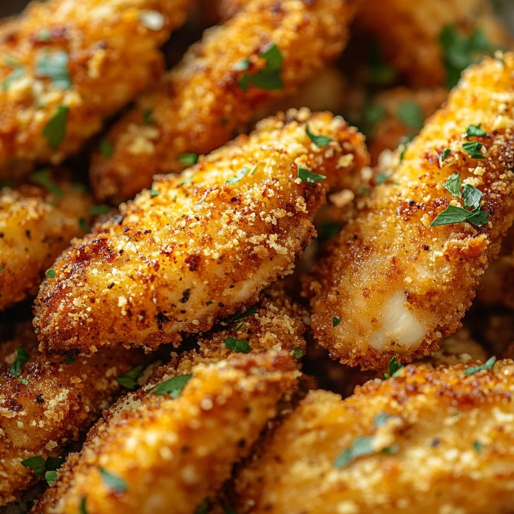 Oven-baked crispy Parmesan chicken tenders served with dipping sauce.