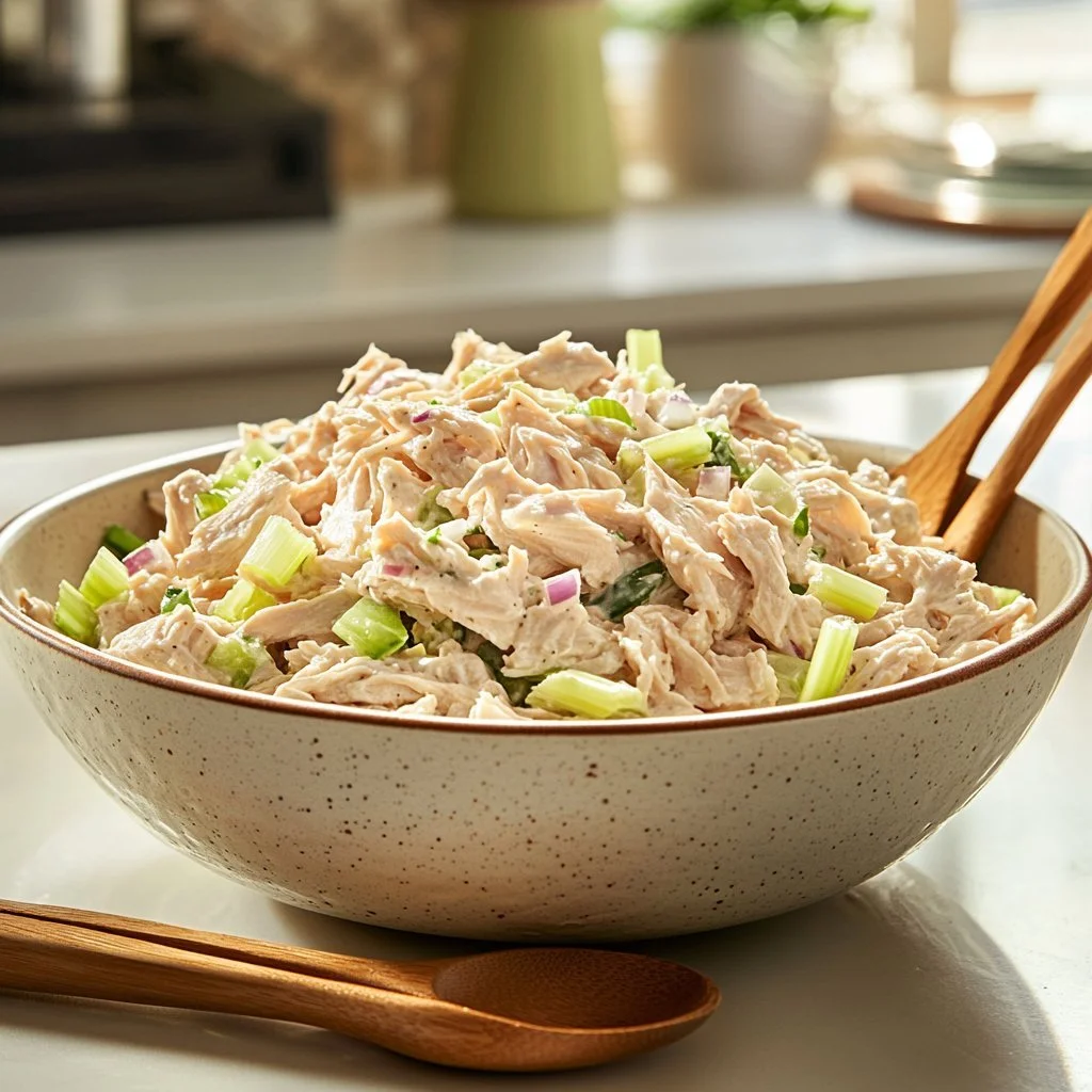 Delicious rotisserie chicken salad with fresh vegetables and dressing