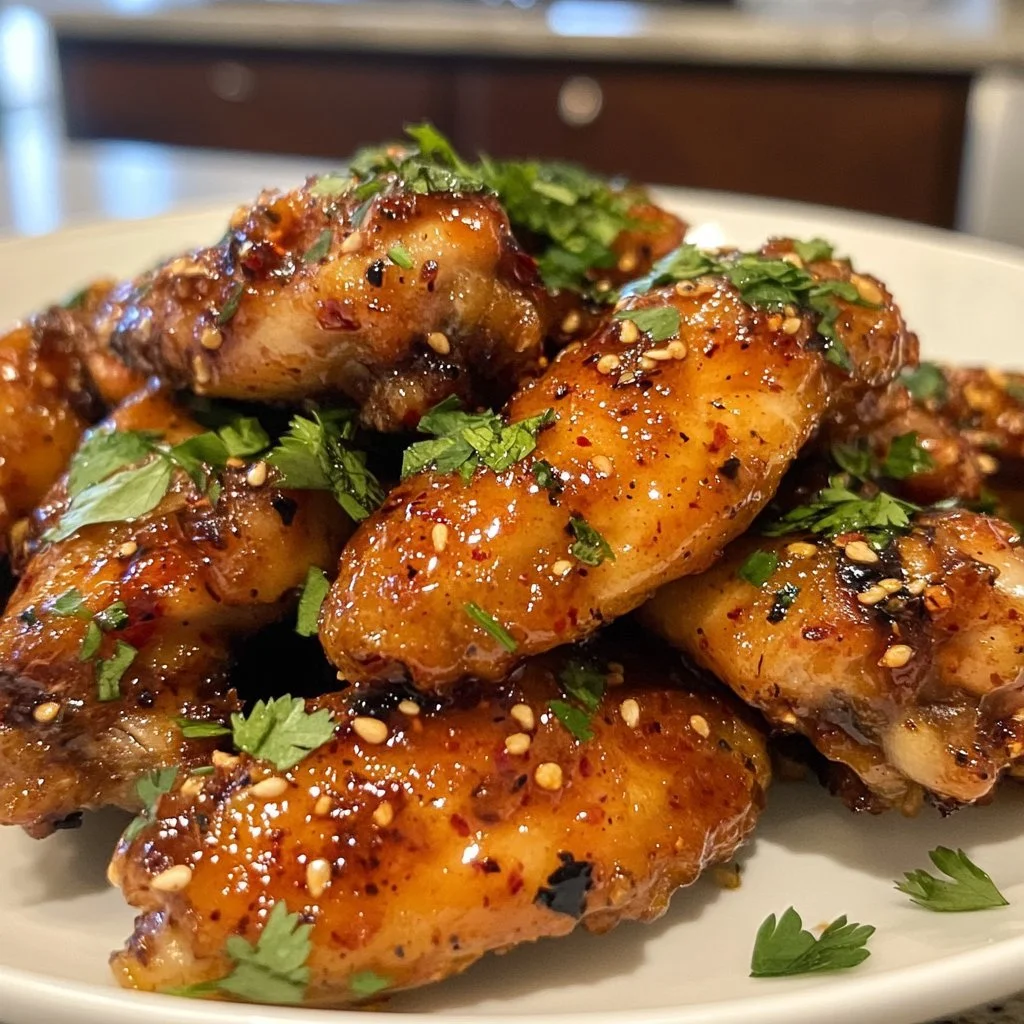 Plate of spicy garlic lemon pepper wings garnished with fresh herbs
