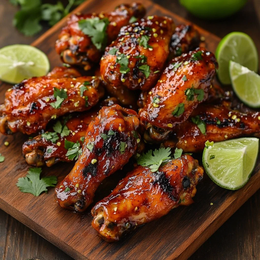 Sweet chili lime chicken wings served on a plate with garnishes.