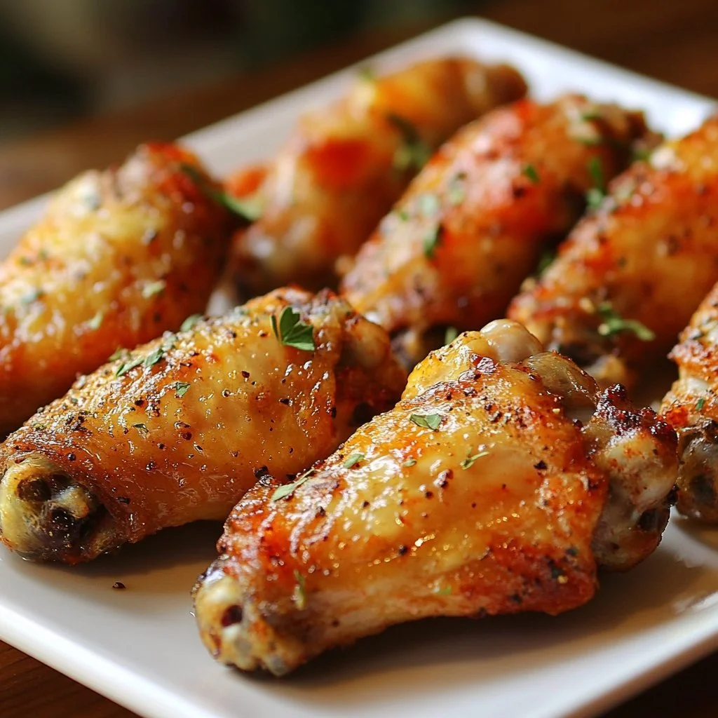 Crispy baked chicken wings freshly baked and served on a plate.