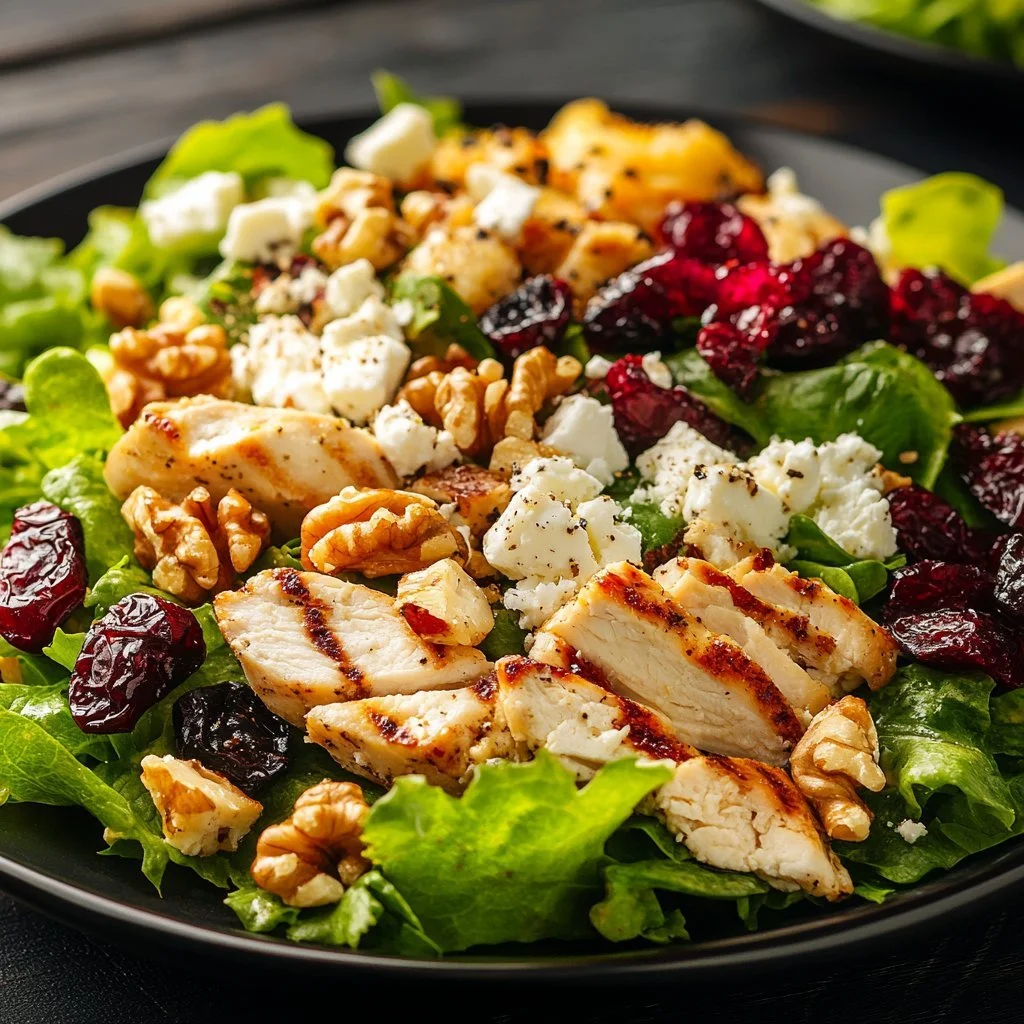 A colorful and fresh salad with mixed greens, tomatoes, cucumbers, and dressing.
