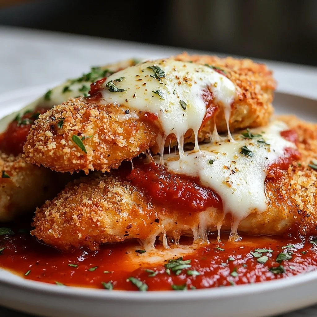 Crispy and cheesy baked chicken parmesan dish served on a plate