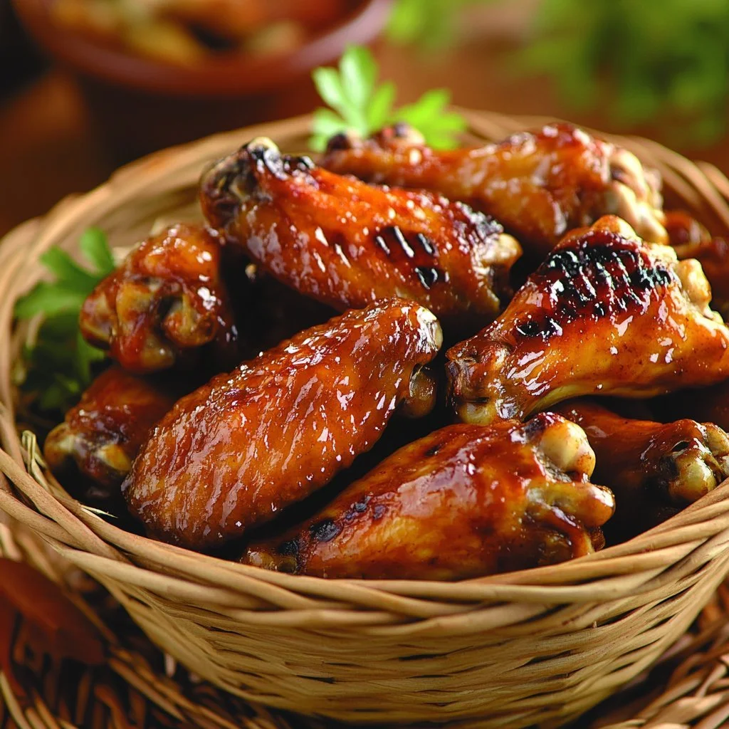 A plate of ultimate chicken wings with various sauces and garnishes.