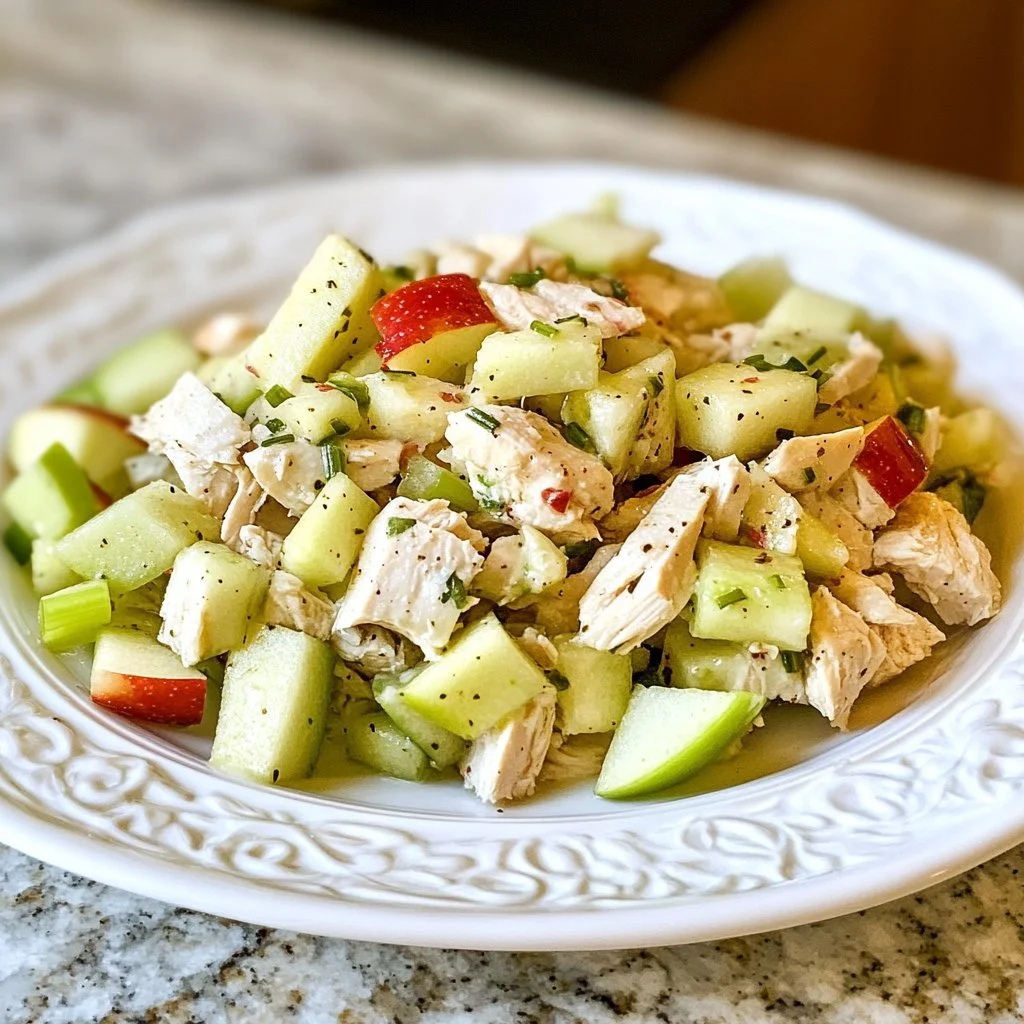 Served Waldorf Chicken Salad with chicken, apples, walnuts, and grapes