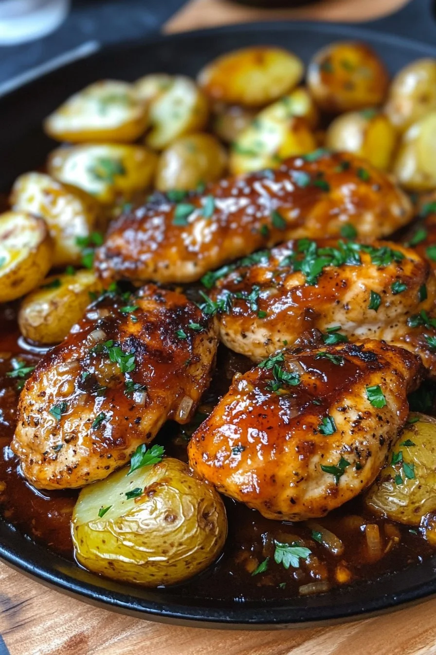 Crunchy Honey BBQ Chicken & Creamy Garlic Parmesan Potatoes