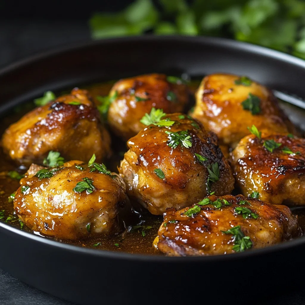 Delicious plate of Amazing Forgotten Chicken garnished with herbs