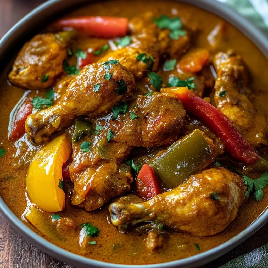 Delicious plate of authentic Jamaican Curry Chicken served with rice