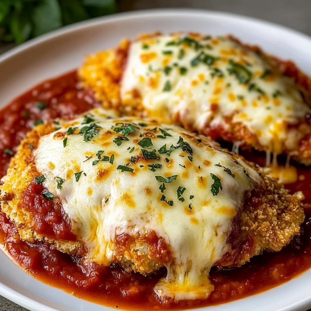 Baked Chicken Parmesan with crispy coating and melted cheese on a plate
