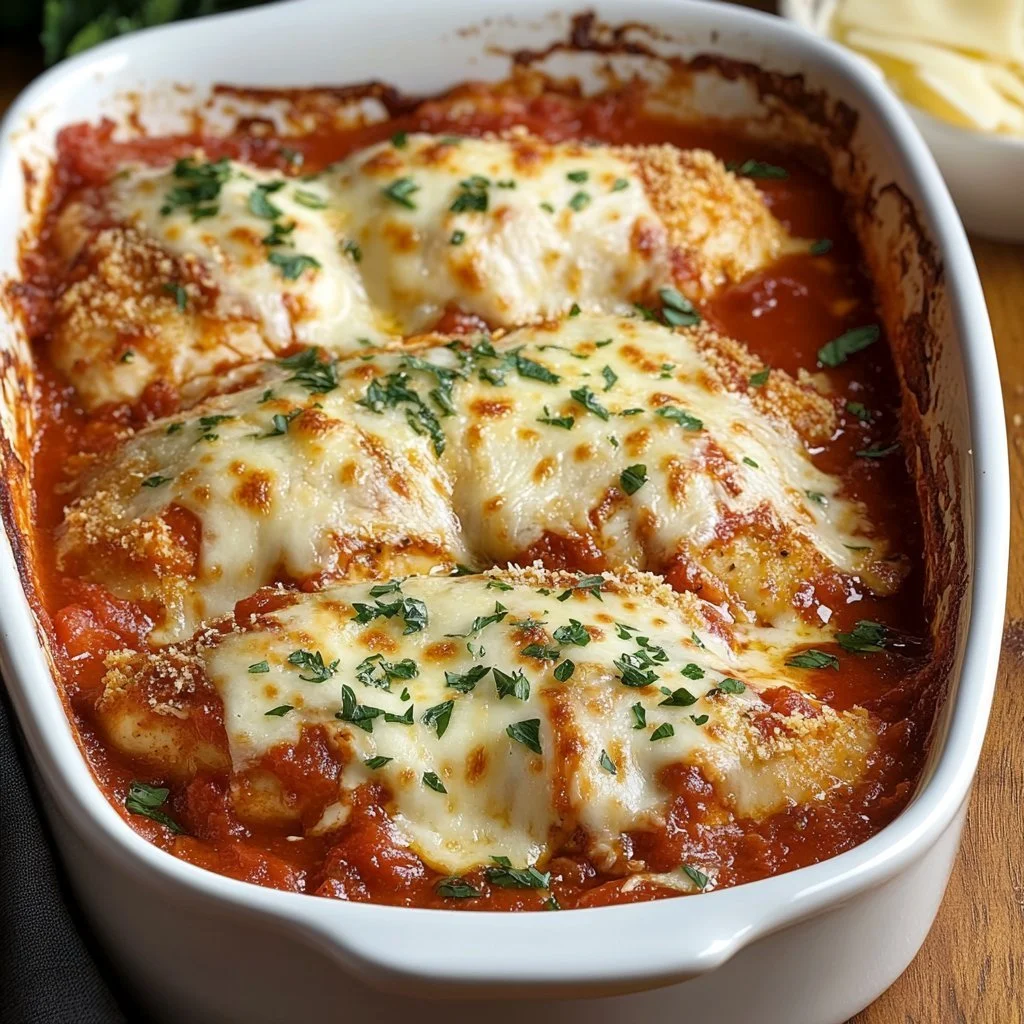 Baked Chicken Parmesan dish garnished with fresh herbs and cheese