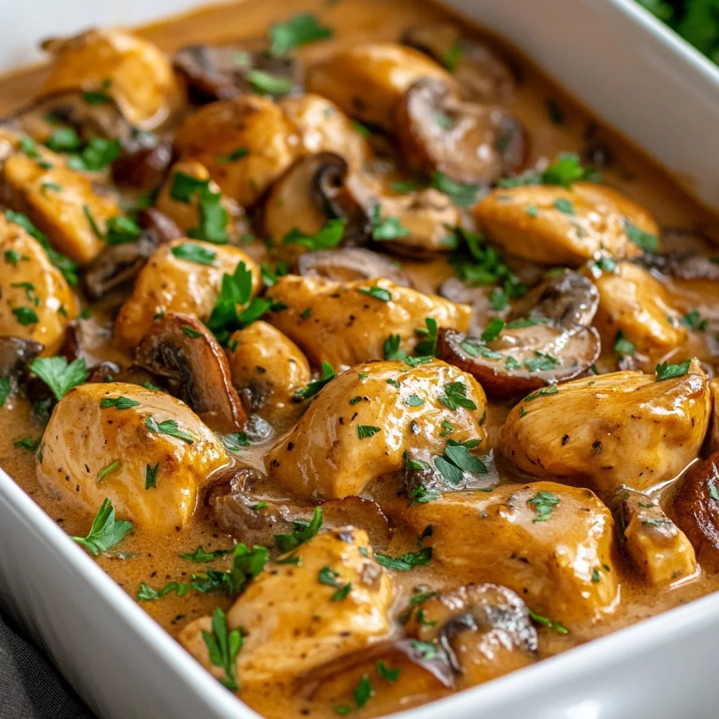 Delicious plate of Baked Chicken Stroganoff with mushrooms and creamy sauce