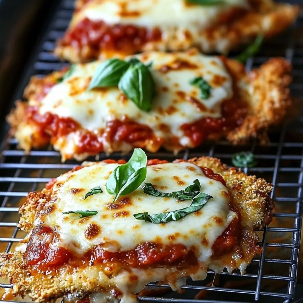 Delicious chicken parm with crispy coating, marinara sauce, and melted cheese