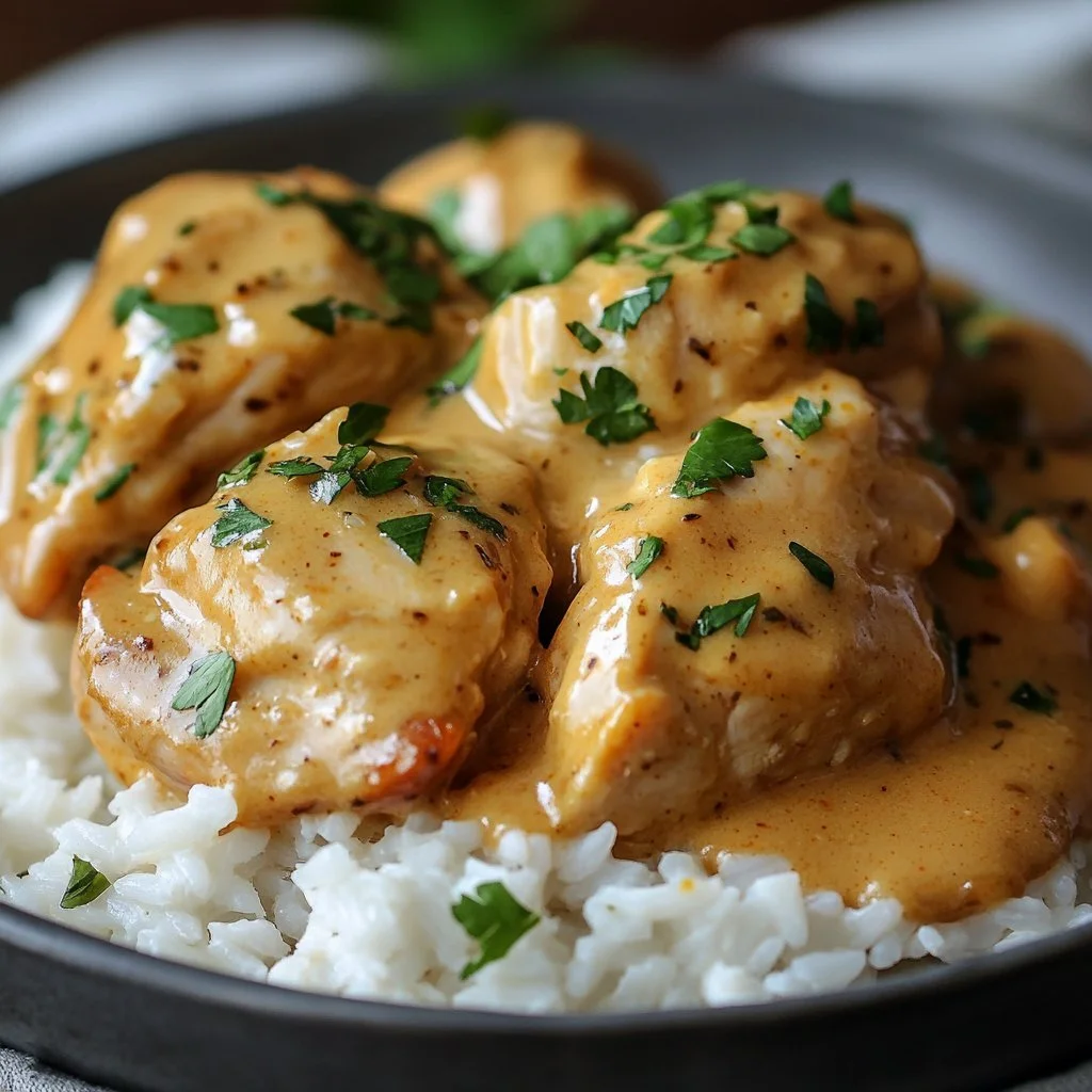Plate of best smothered chicken served with rice and gravy