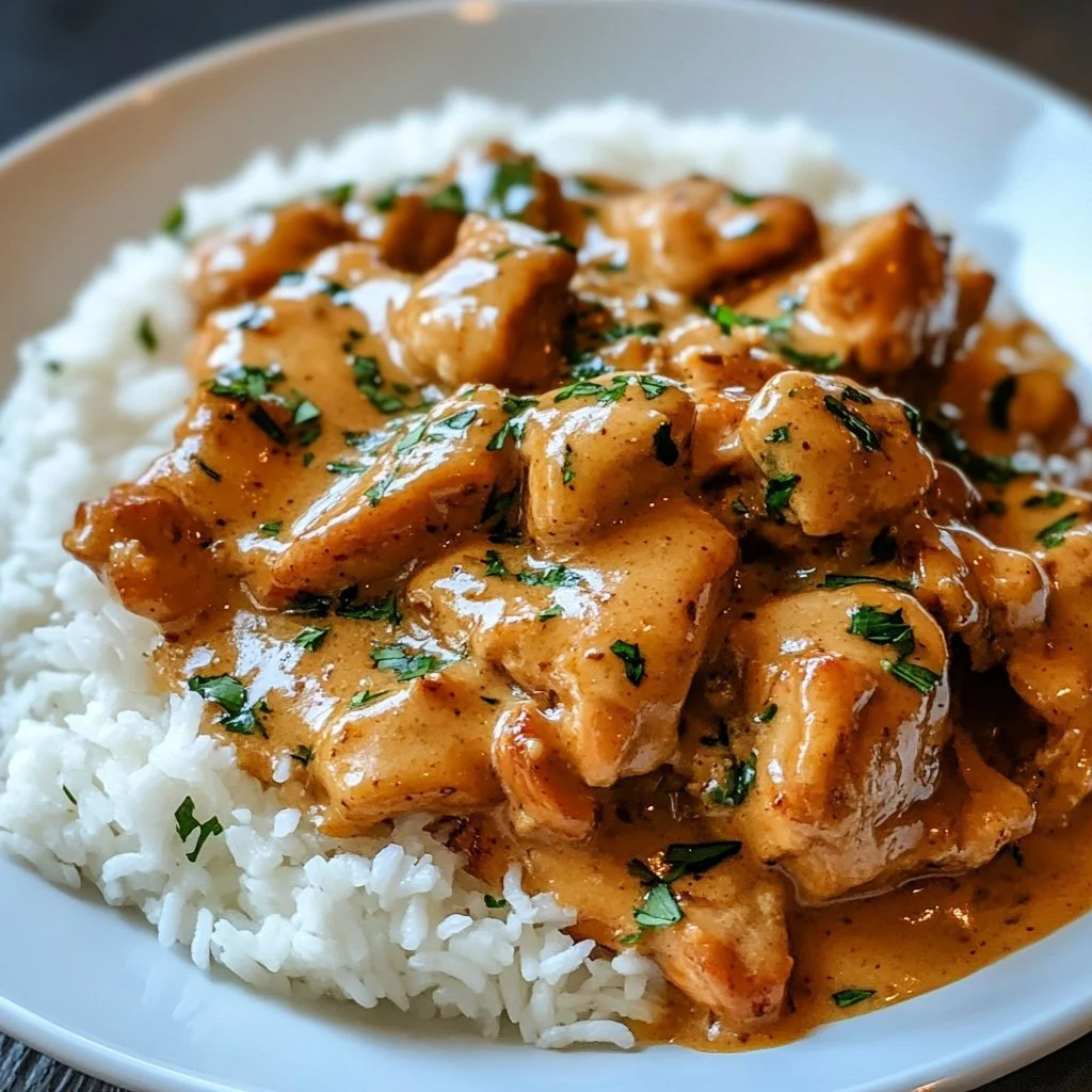 Delicious smothered chicken served with rice in savory sauce