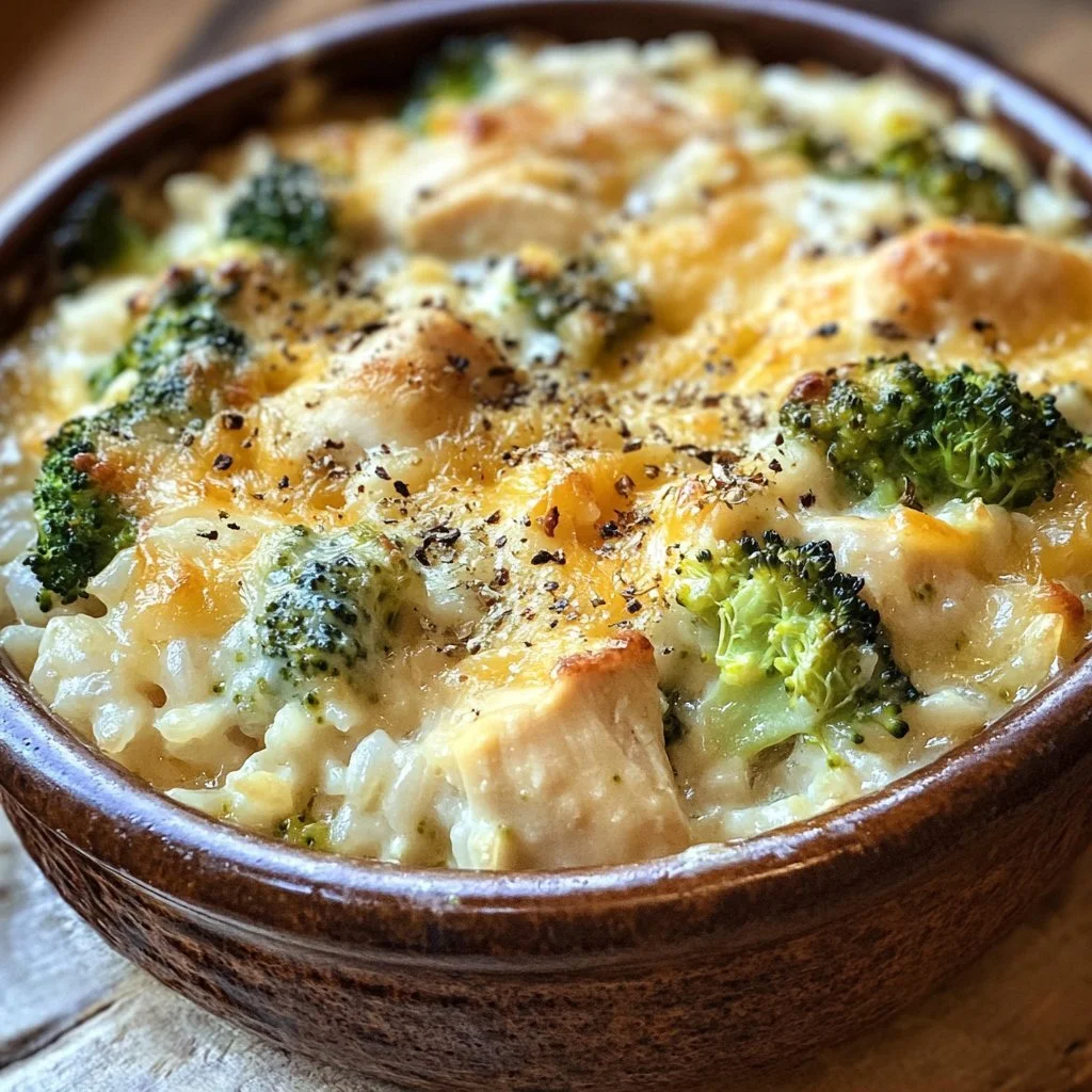 Cheesy broccoli chicken and rice casserole baked to perfection
