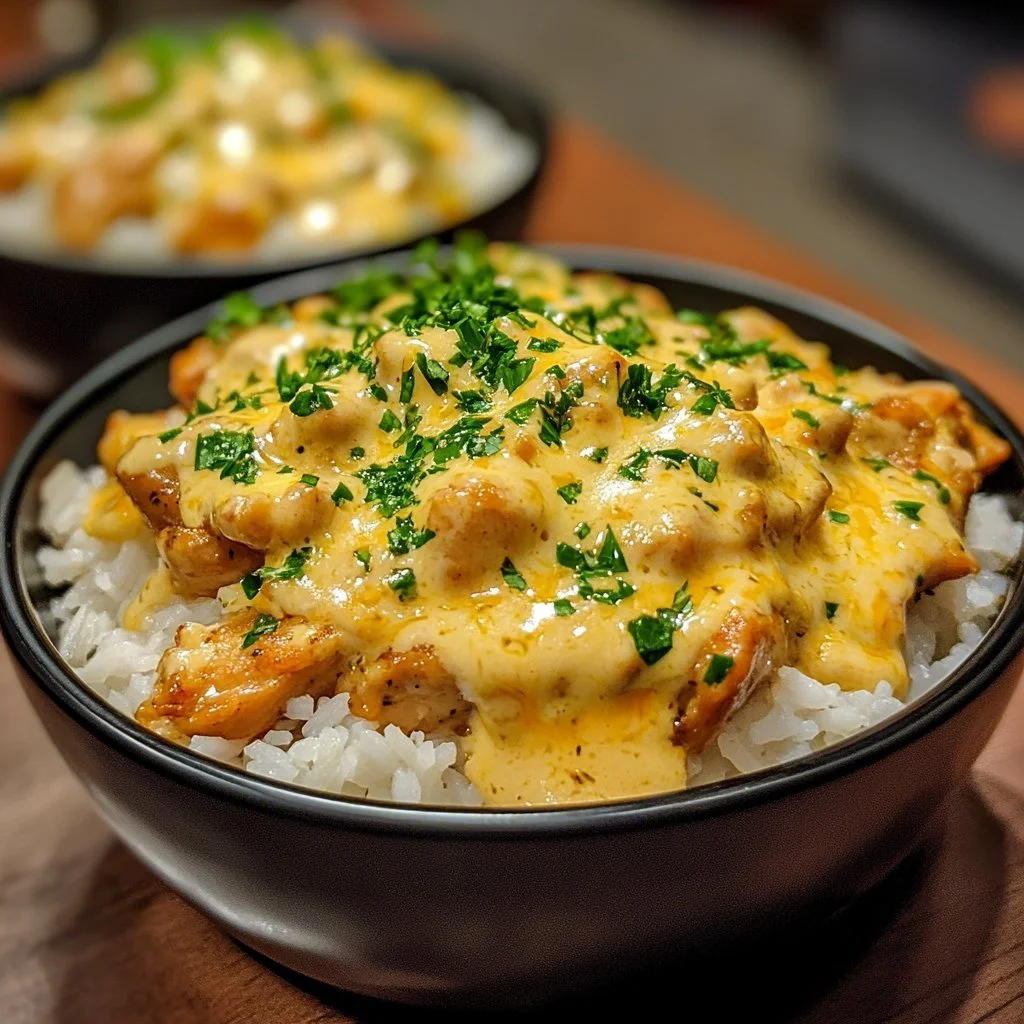 Creamy cheesy chicken and rice dish served in a bowl
