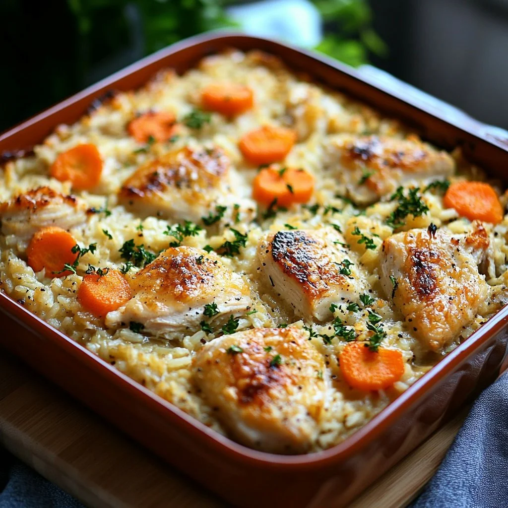 Delicious Chicken Rice Casserole served in a dish with vegetables and herbs