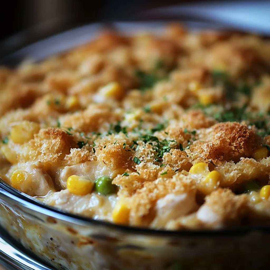 Delicious Chicken and Stuffing Casserole ready to serve in a baking dish.
