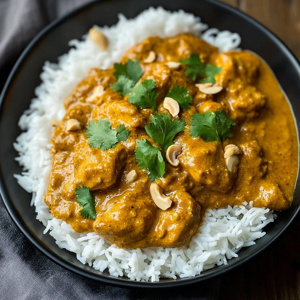 Delicious Chicken Korma served with rice and naan bread