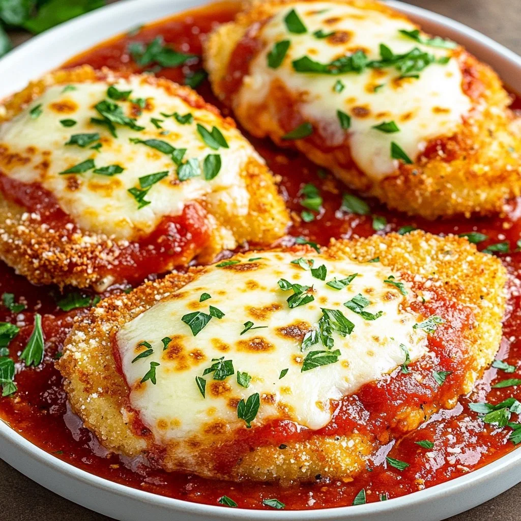 Delicious Chicken Parmesan on a plate with marinara sauce and cheese