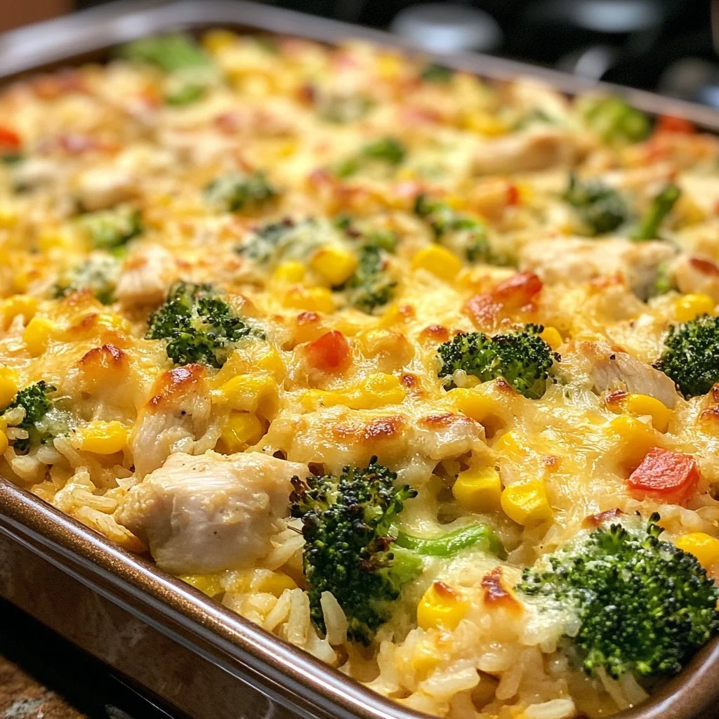 Creamy Chicken and Rice Bake served in a casserole dish
