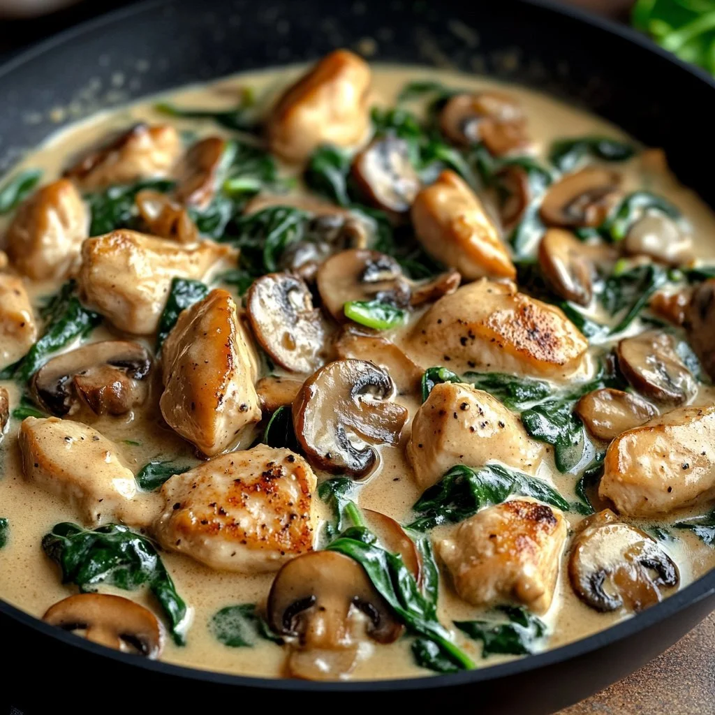 Creamy chicken mushroom spinach skillet dish with colorful ingredients