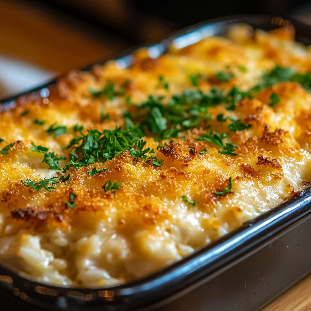 Creamy Chicken Rice Bake topped with herbs and cheese in a baking dish