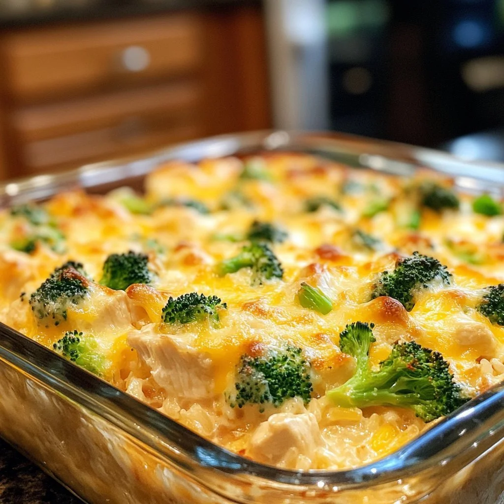 Creamy Chicken Rice Broccoli Casserole served in a white dish