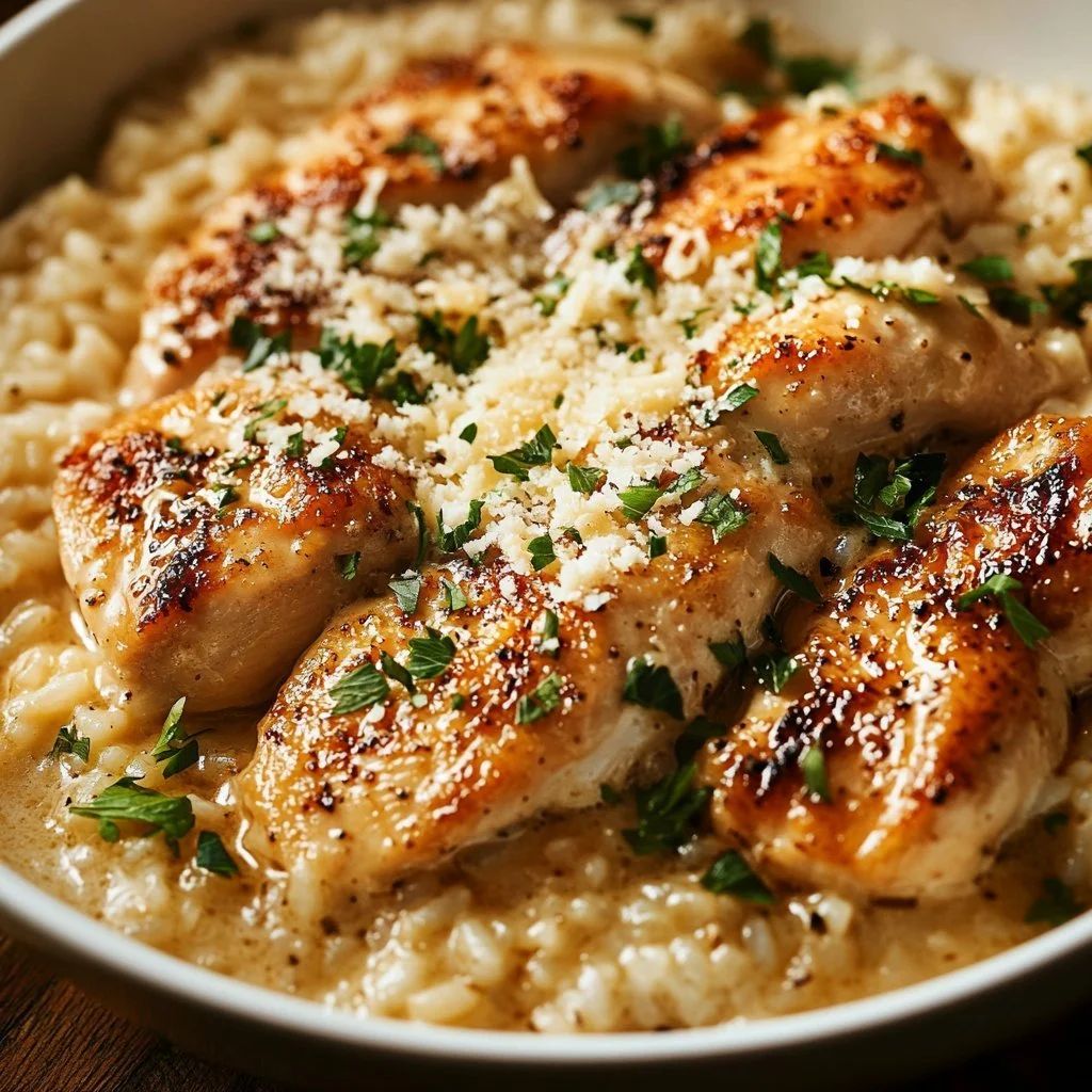 Creamy Parmesan One Pot Chicken and Rice served in a bowl