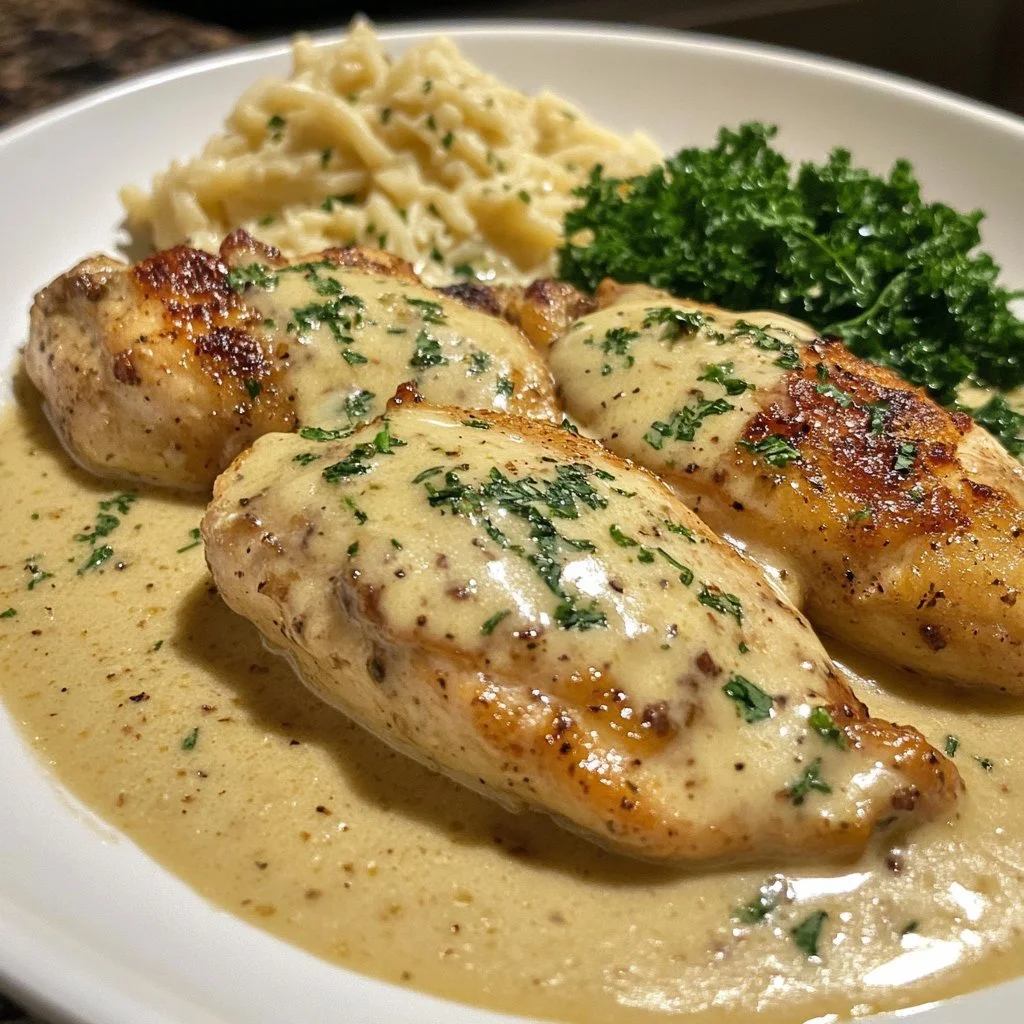 Creamy smothered chicken served on a plate with a rich sauce and garnish