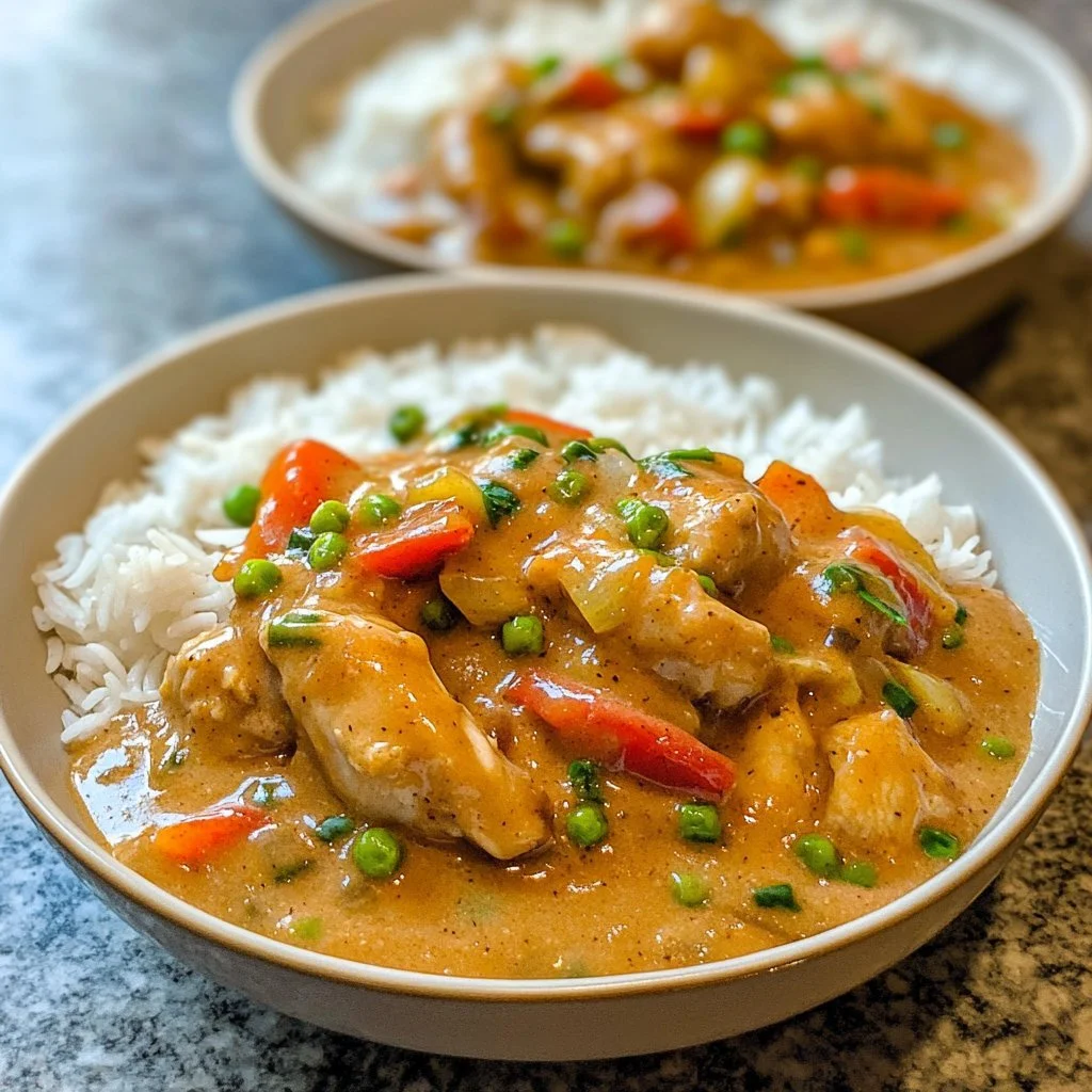 Creamy smothered chicken served over fluffy rice in a savory sauce