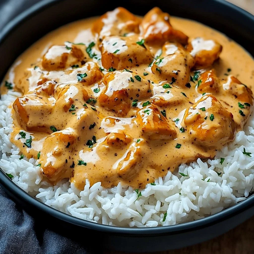 Creamy smothered chicken served over fluffy rice