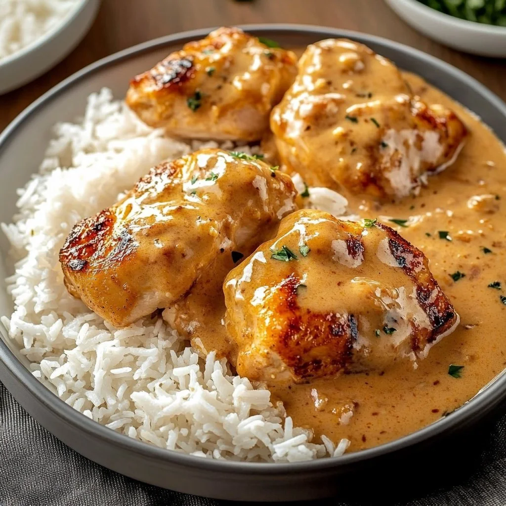 Creamy smothered chicken served with rice, garnished for a hearty meal