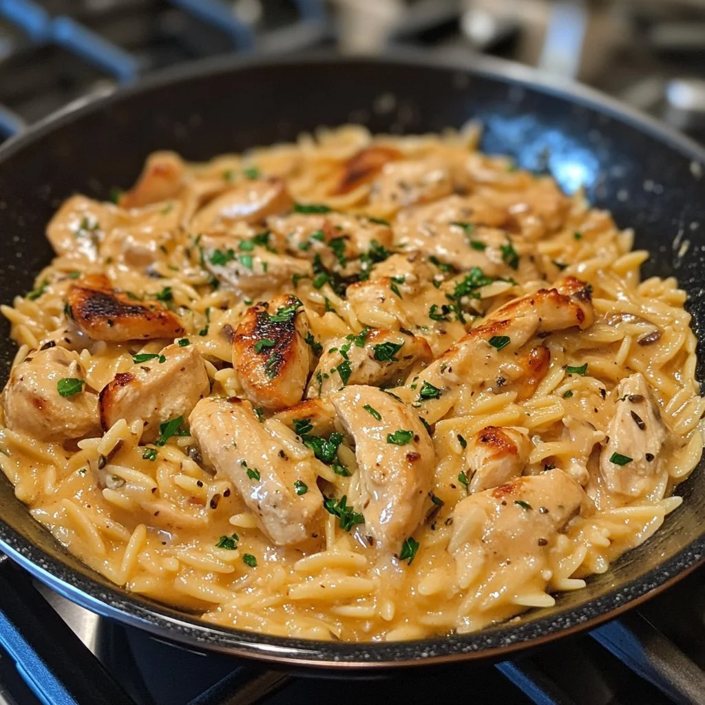 Creamy Tuscan Chicken Orzo dish with herbs and vegetables