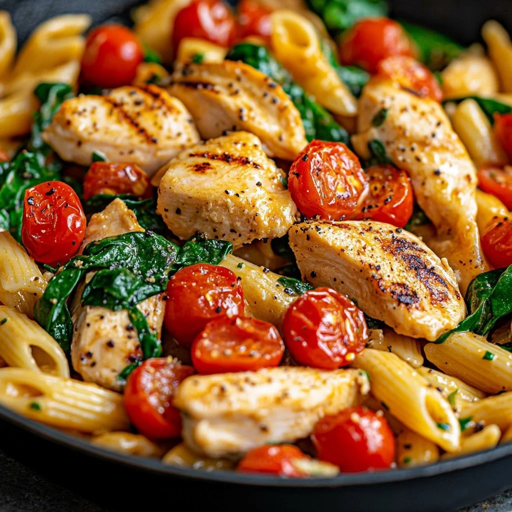 Creamy Tuscan chicken pasta with sun-dried tomatoes and spinach in a bowl