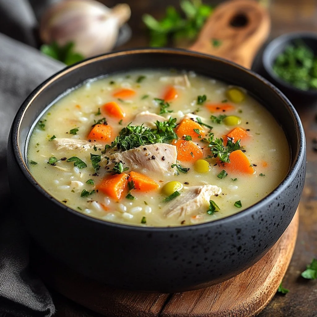 Creamy white chicken and rice soup in a bowl, garnished with herbs.