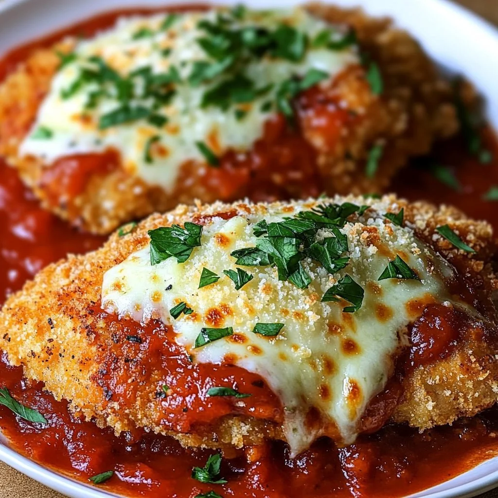 Crispy Baked Italian Chicken Parmesan dish served with pasta and garnished with herbs