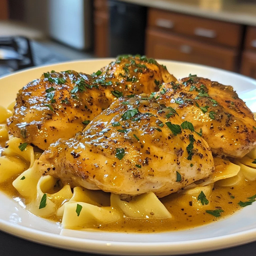Delicious Crockpot Angel Chicken served with creamy sauce and herbs.