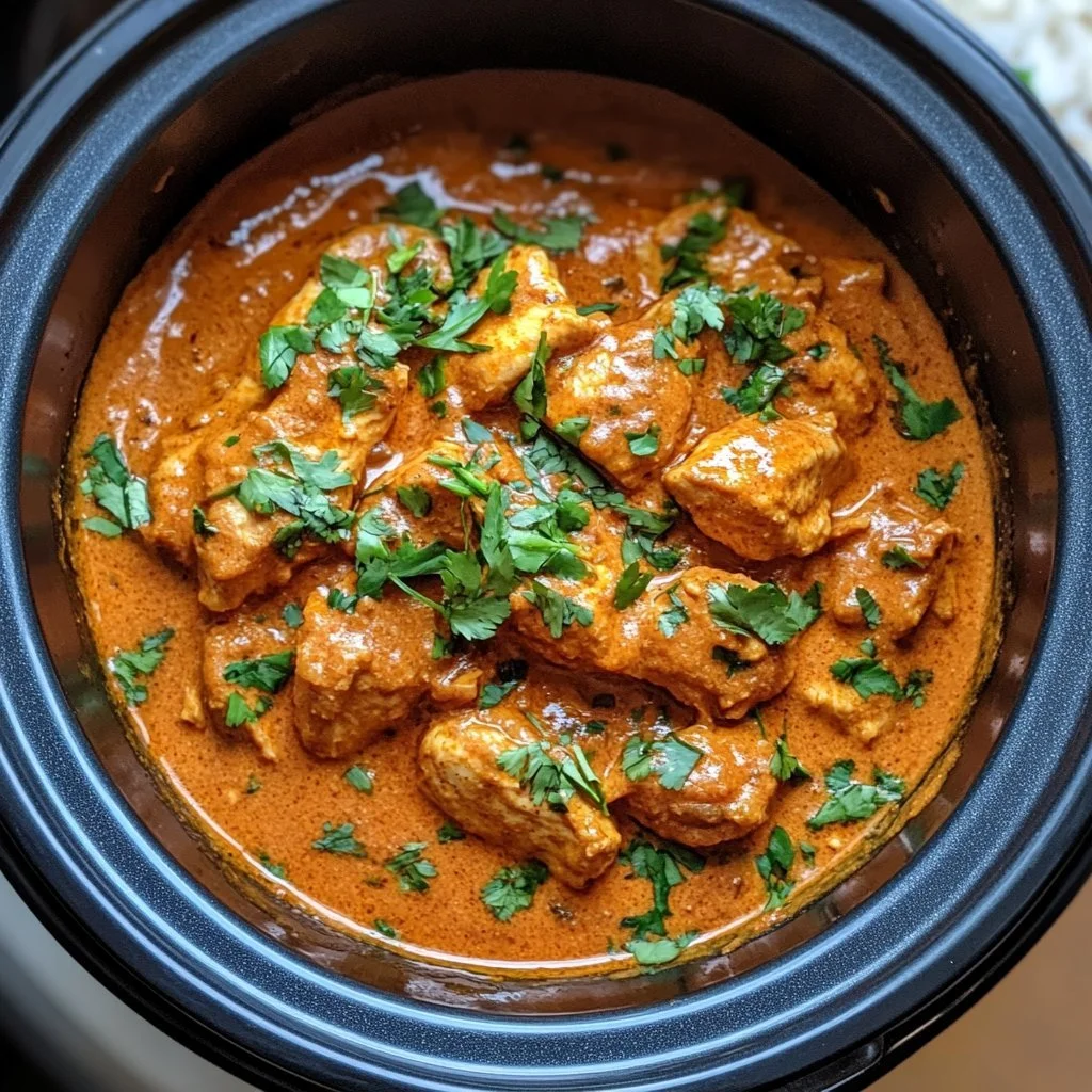 Crockpot Butter Chicken dish garnished with fresh coriander