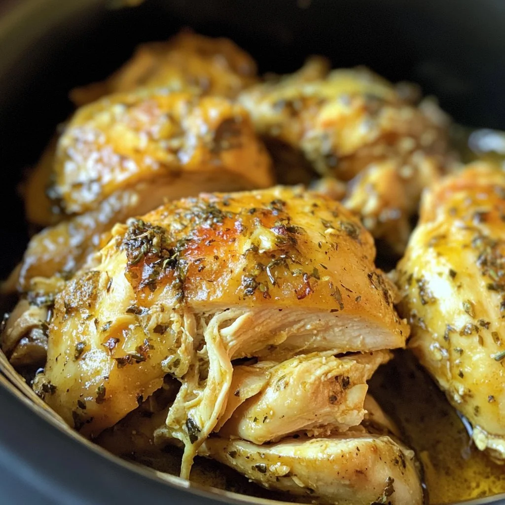 Delicious Crockpot Crack Chicken topped with herbs and ready to serve.