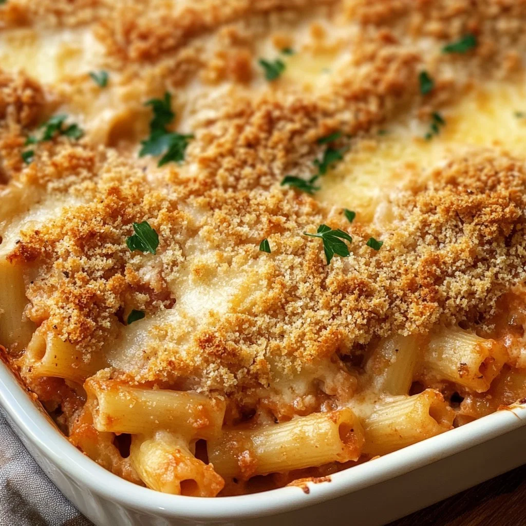 Delicious dump-and-bake chicken Parmesan casserole ready to serve.