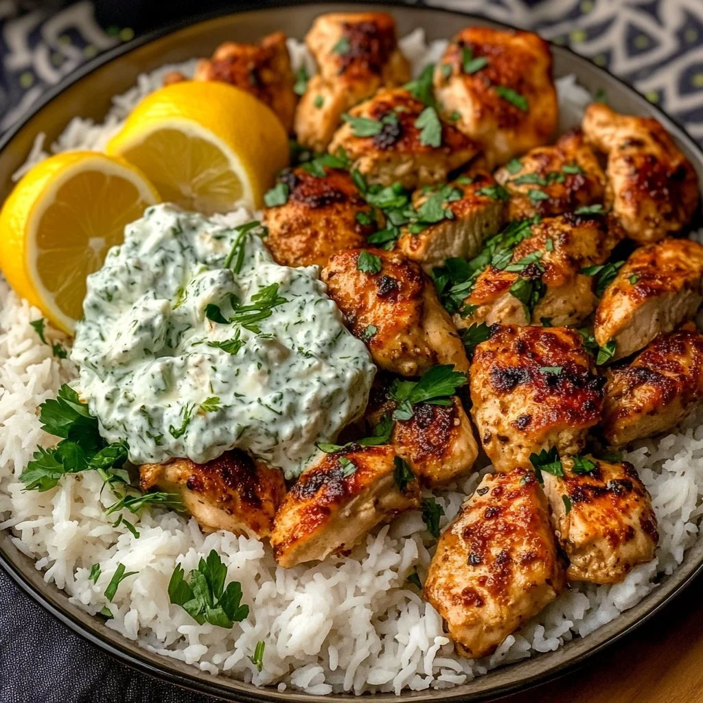 Delicious Dump and Bake Chicken Tzatziki Rice in a serving dish