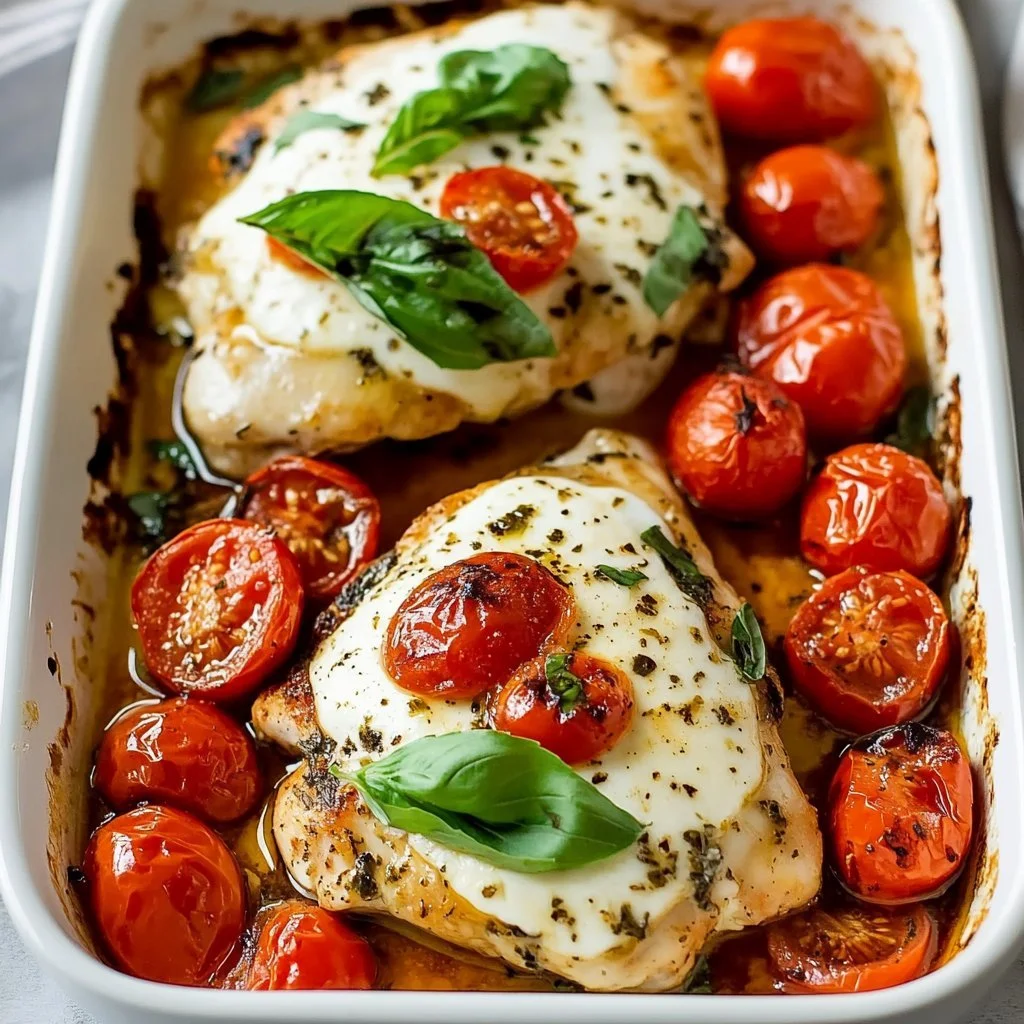 Easy Baked Caprese Chicken topped with fresh basil and mozzarella