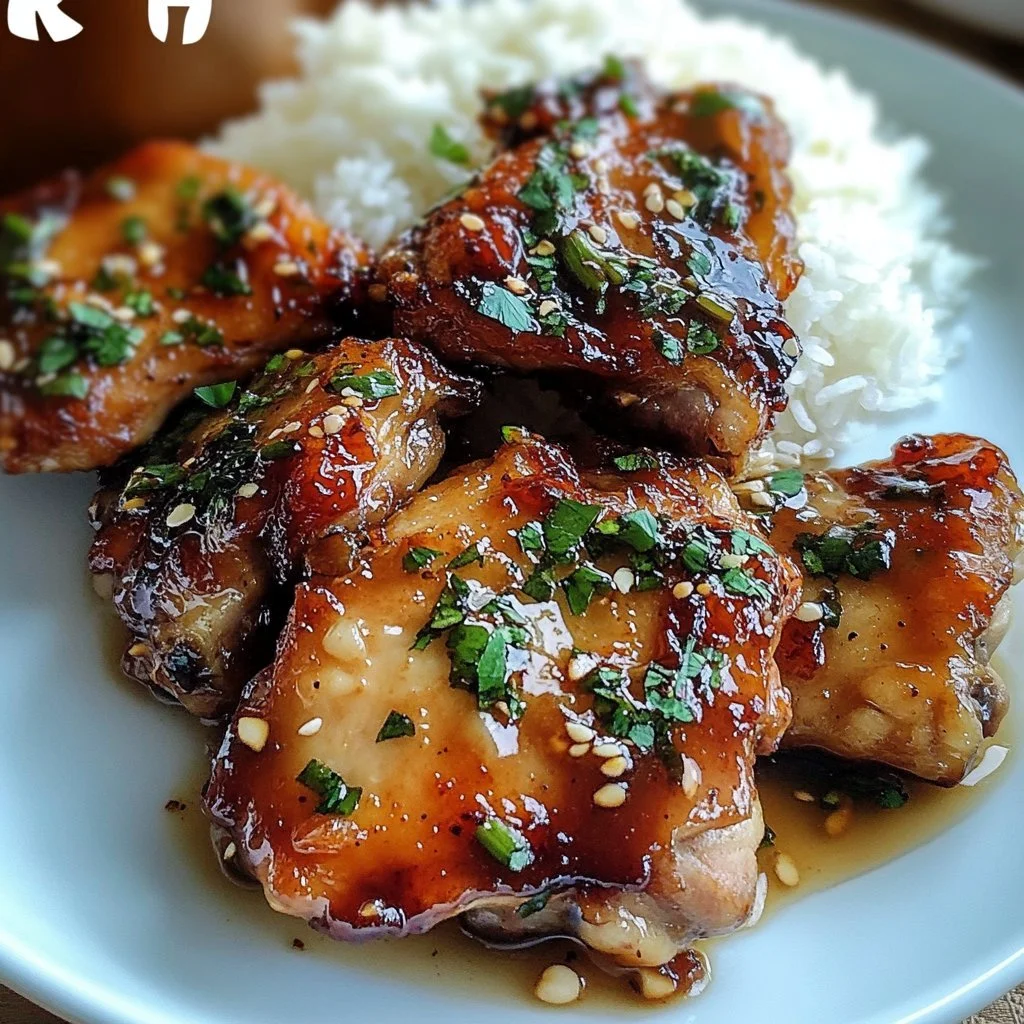 Delicious soy garlic chicken thighs served on a plate with fresh herbs.