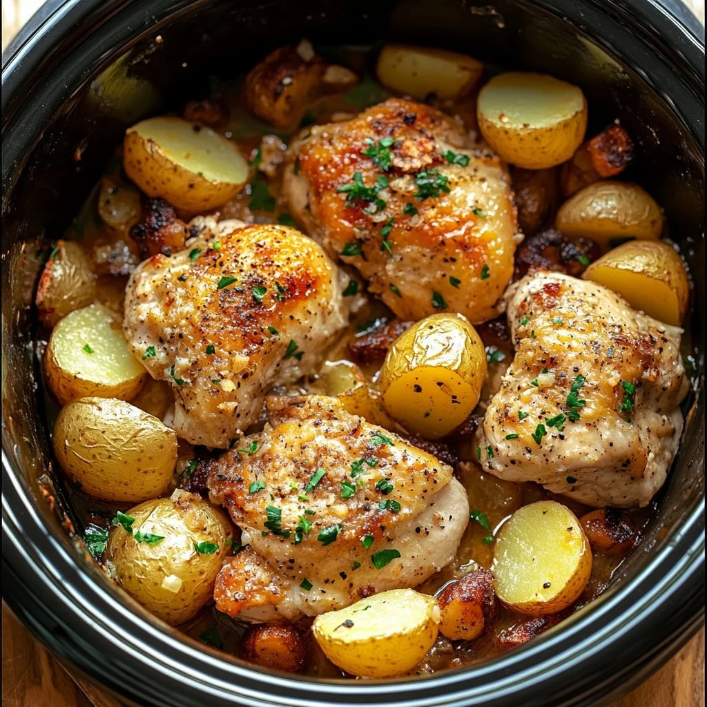 Delicious Garlic Parmesan Chicken and Potatoes in a crockpot dish.