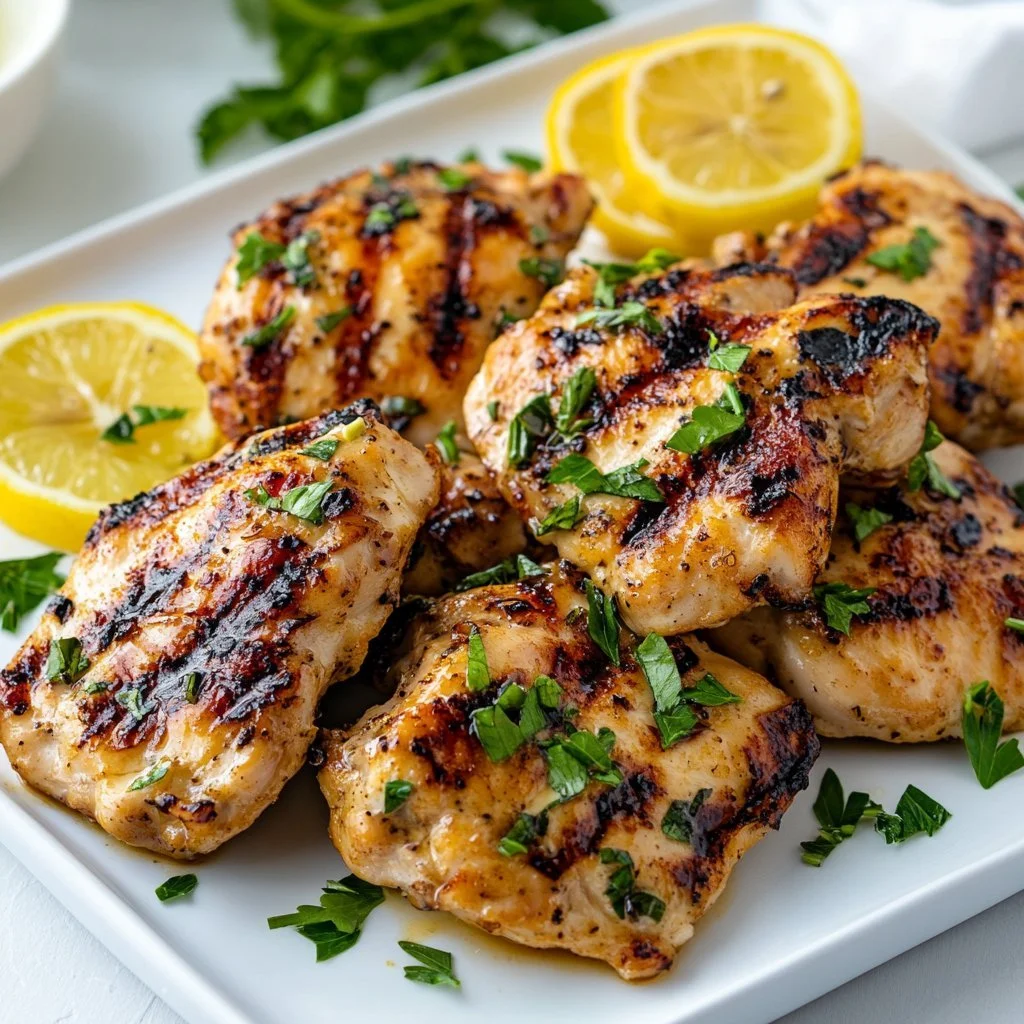 Plate of Greek Lemon Chicken garnished with herbs and lemon slices