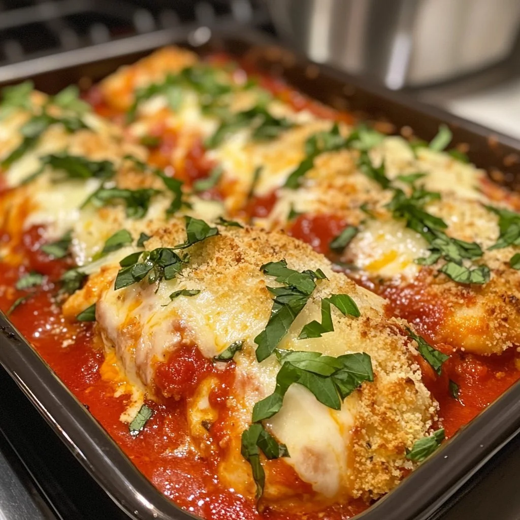 Ground Chicken Parmesan served with pasta and garnished with herbs